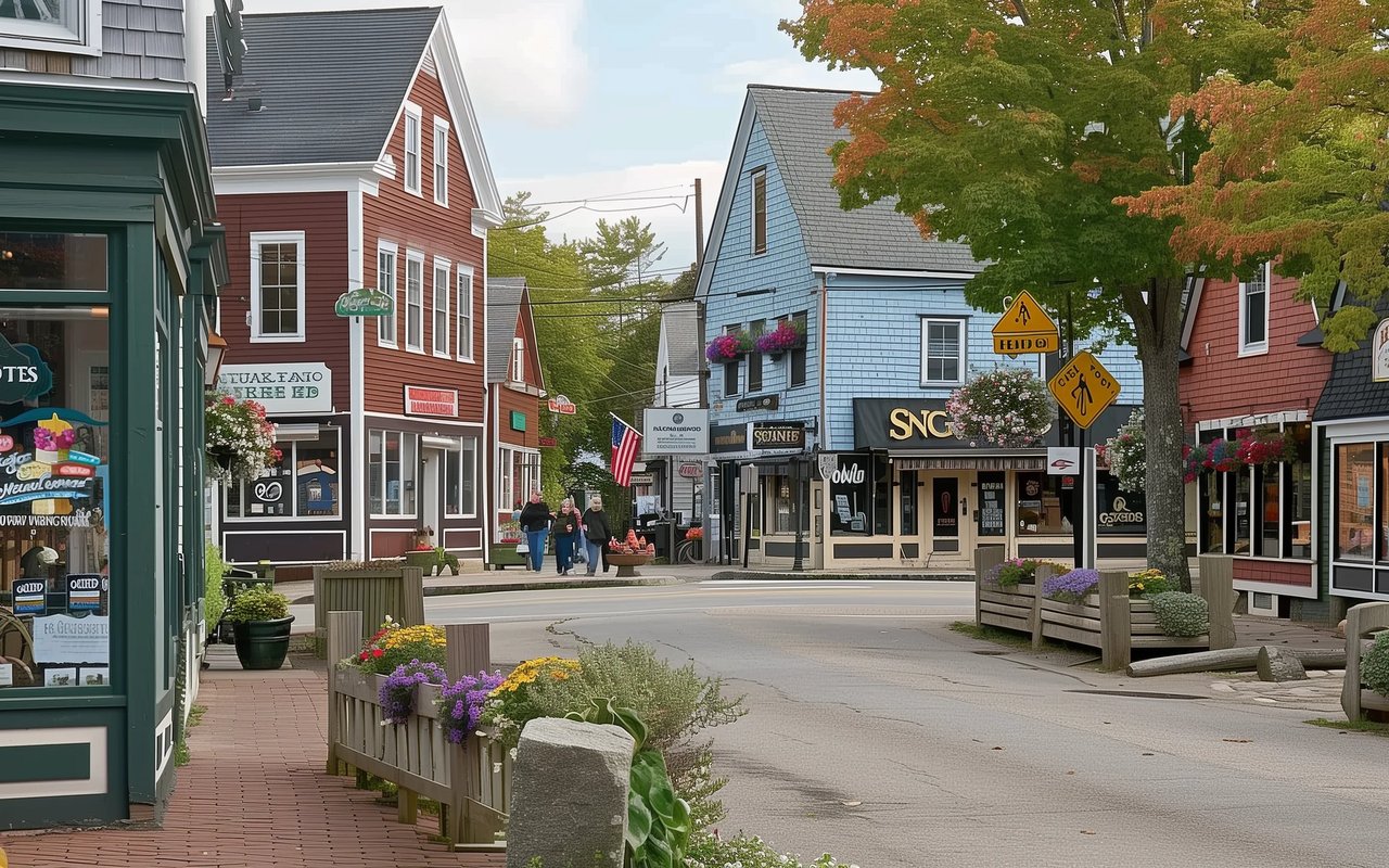 Small-town main street with colorful storefronts, flower planters, and pedestrians.