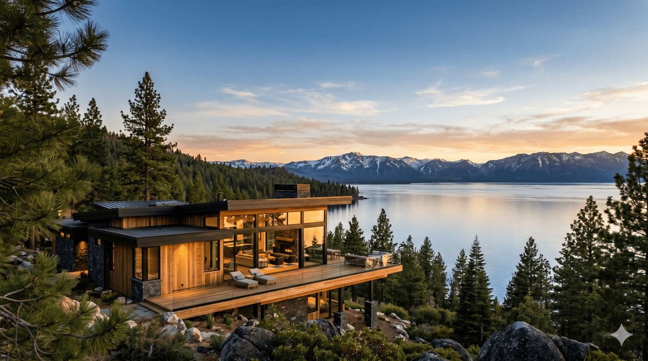 Modern luxury home overlooking Lake Tahoe at golden hour, representing Tahoe luxury real estate selling in 2026.