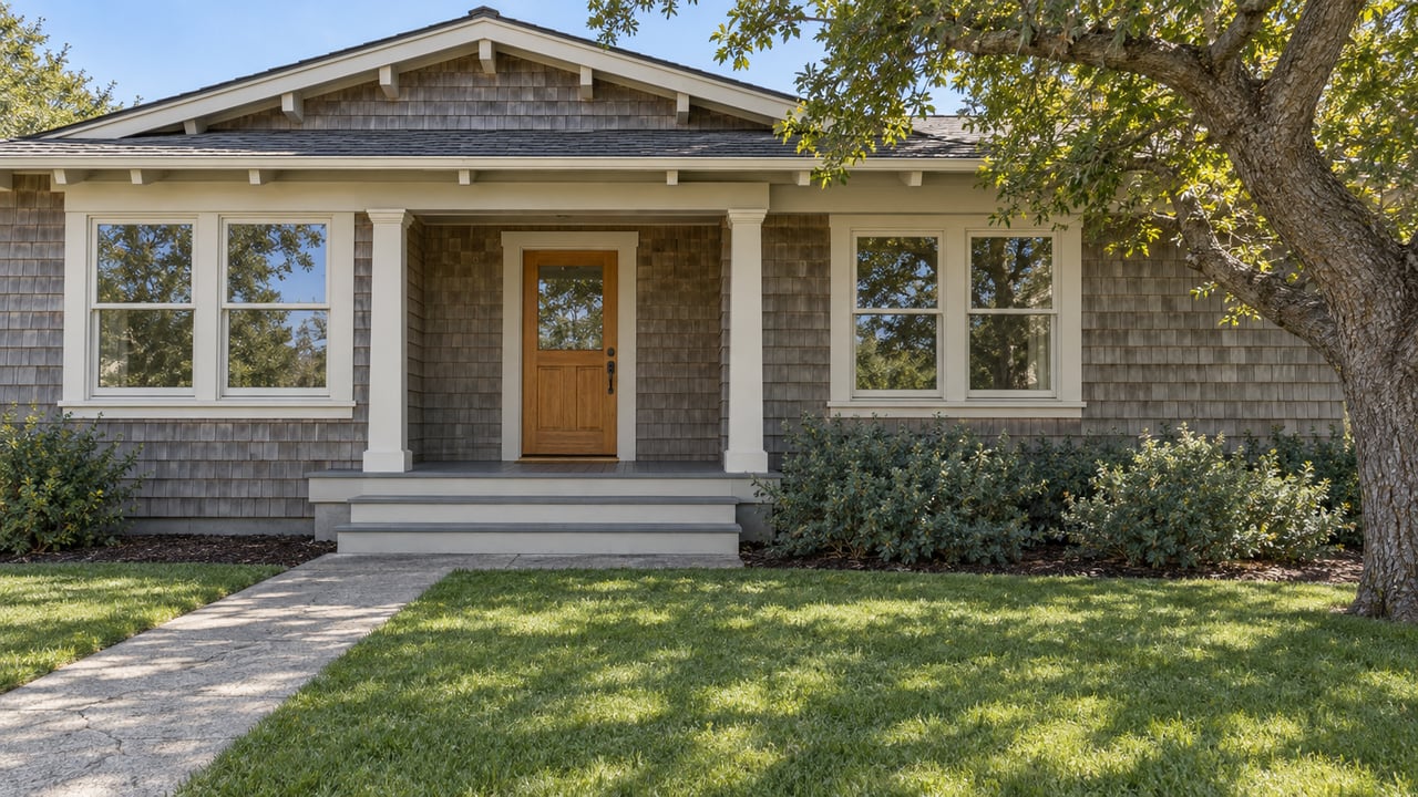A cedar-shingled bungalow with an ivory-trimmed porch, deep front lawn, and a mature live oak in clear daylight.