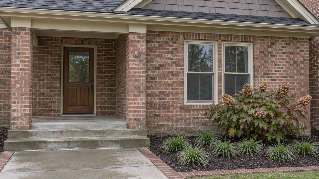 Red-brown brick home entry with an oak door, cream window trim, broad concrete steps and oakleaf hydrangea.