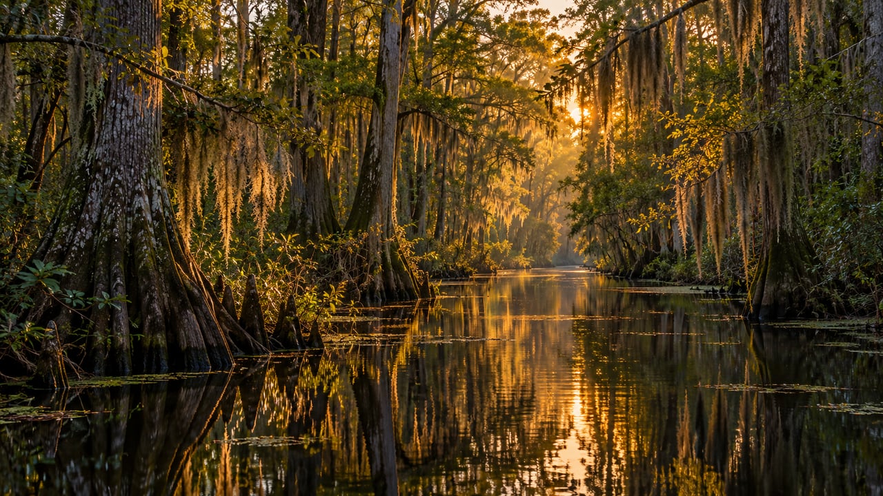 Cypress-lined swamp channel with hanging moss and golden sunlight reflected on the water.