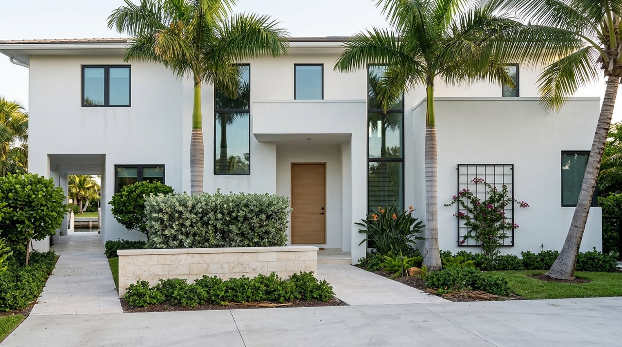 Waterfront home’s side yard with a glimpse of the canal