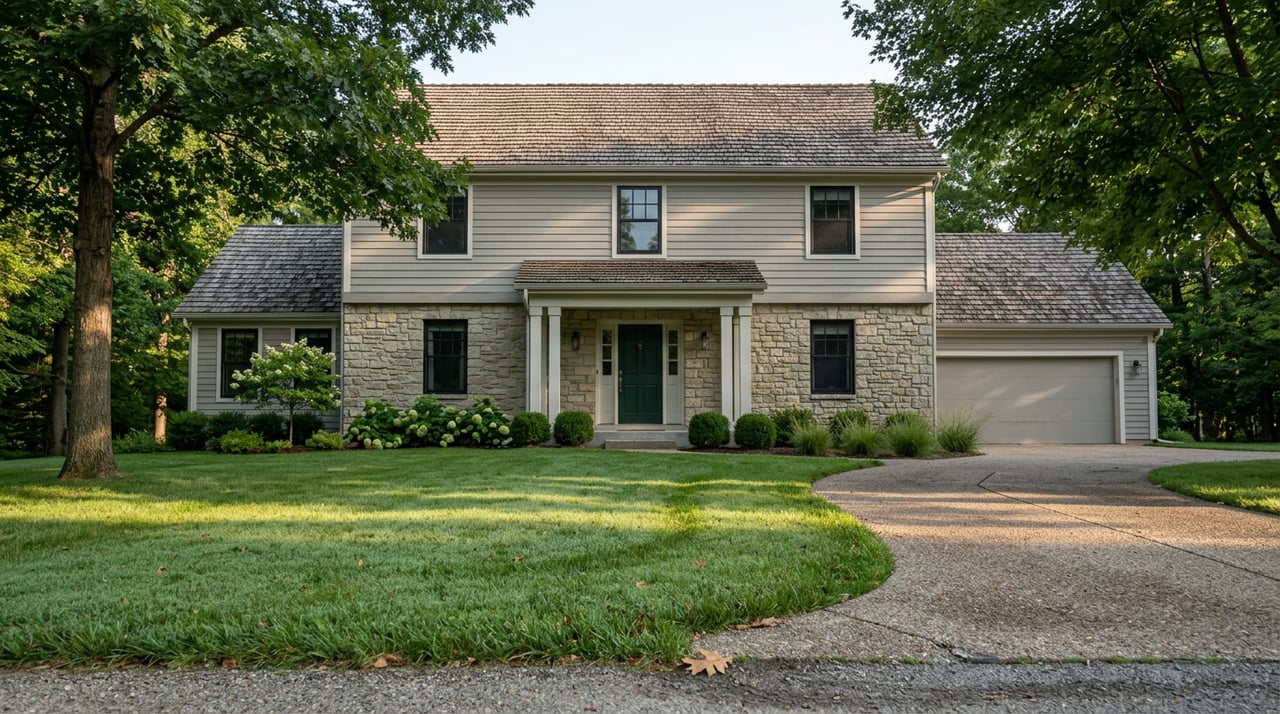 Two-story gray-sided home with a fieldstone base, green front door, and curved driveway beneath mature trees.