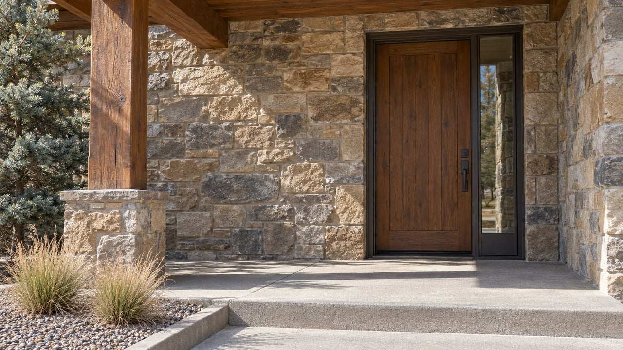 Sunlit sandstone entry with a closed timber door, sheltered porch, concrete steps and dry ornamental grasses.