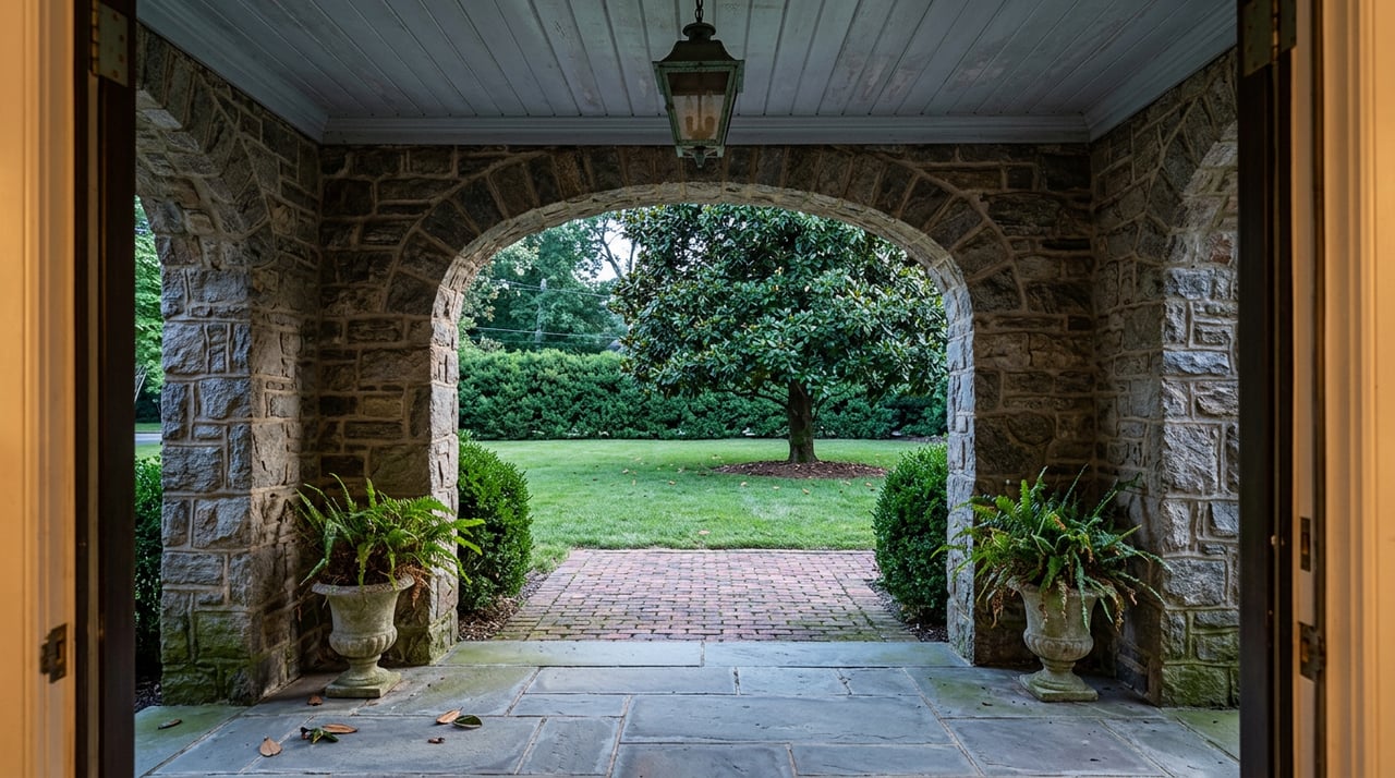 Stone archway framing a lawn, mature magnolia, and boxwood hedge at dusk, with a warm lantern overhead.