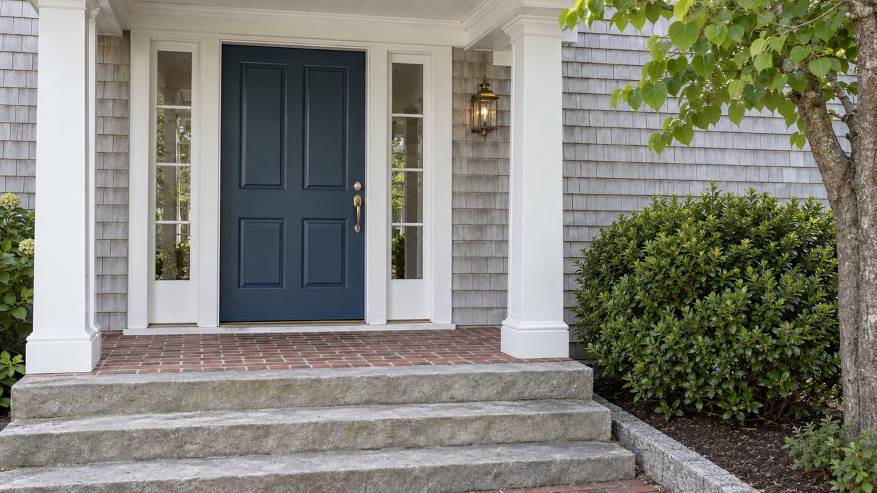 Deep-blue front door with glazed sidelights above limestone steps and a brick landing.