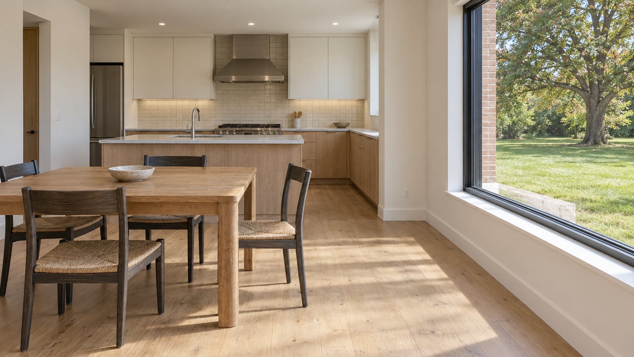 Sunlit oak dining table and contemporary kitchen with pale cabinetry, overlooking a deep lawn through a dark-framed window.