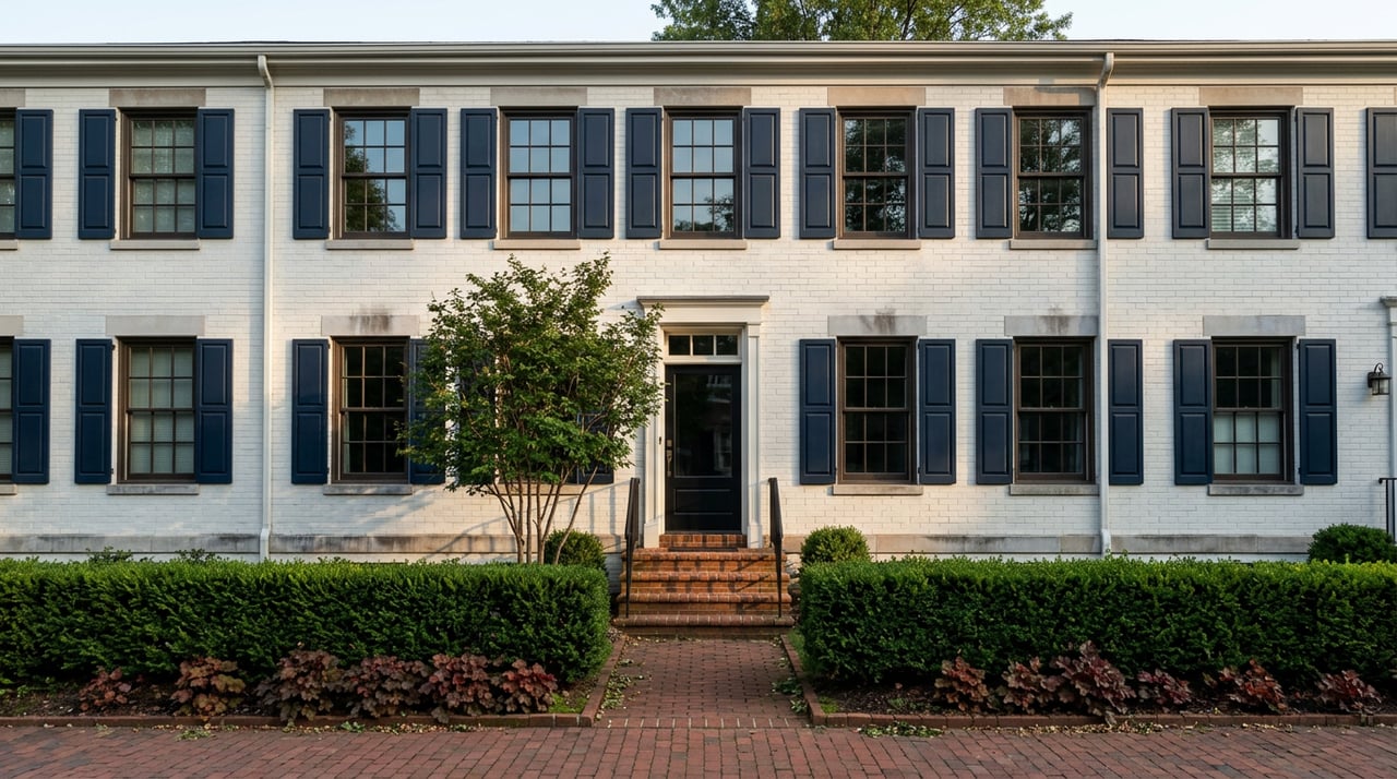 Painted-brick rowhouse with symmetrical dark-framed windows, navy shutters, and a clipped hedge beside brick steps.
