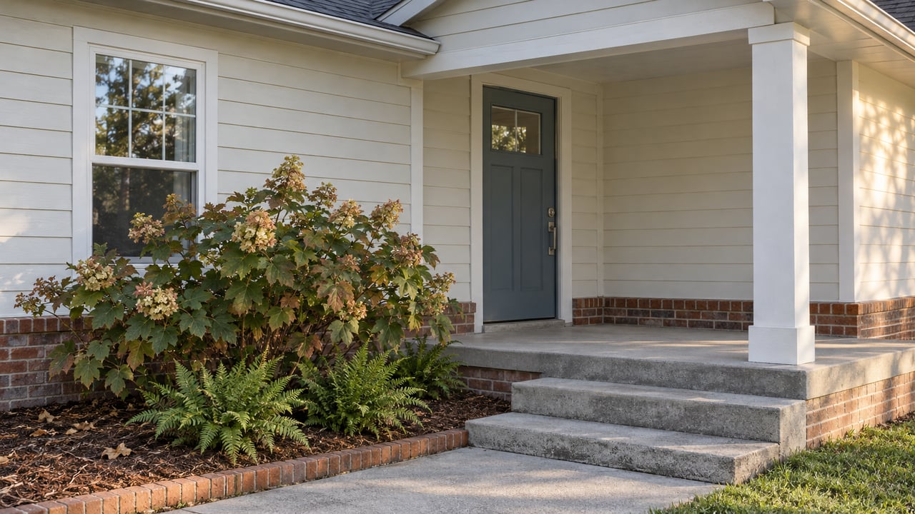 A modest home's covered entry with cream siding, a blue-gray door, worn concrete steps and oakleaf hydrangea.
