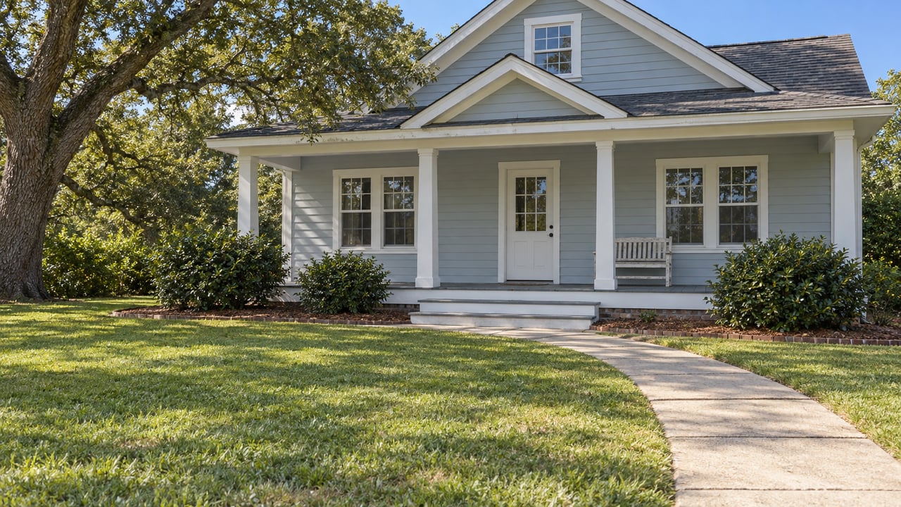 Pale blue-gray clapboard home with a white covered porch, broad lawn, curved concrete walk and mature oak in bright daylight.