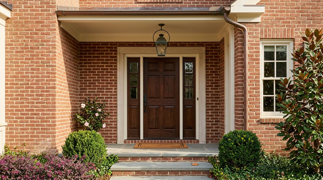 Brick home entry with a dark mahogany door, limestone surround, bluestone steps, and clipped boxwood shrubs.
