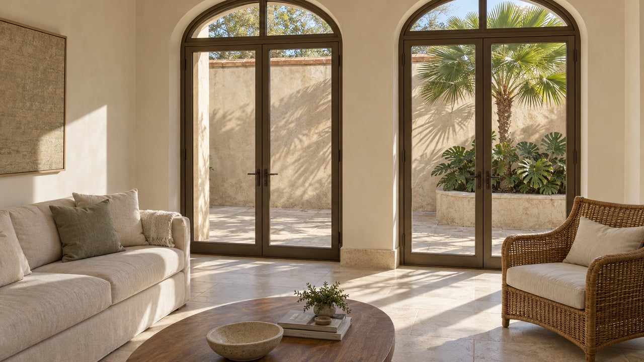 Bright cream living room with limestone floors, linen seating and arched glass doors overlooking a palm-planted courtyard.
