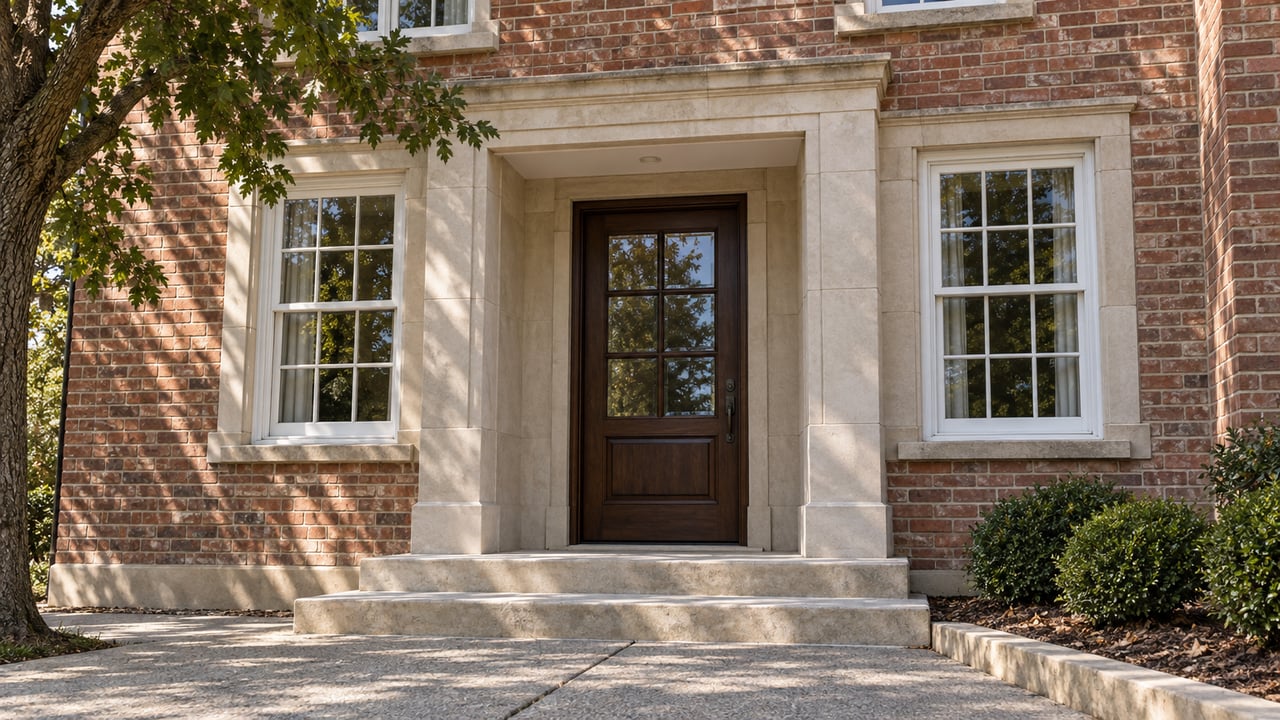 Red-brick home entry with a glazed oak door, limestone surround and steps, white-framed windows, and clipped yaupon shrubs in clear daylight.