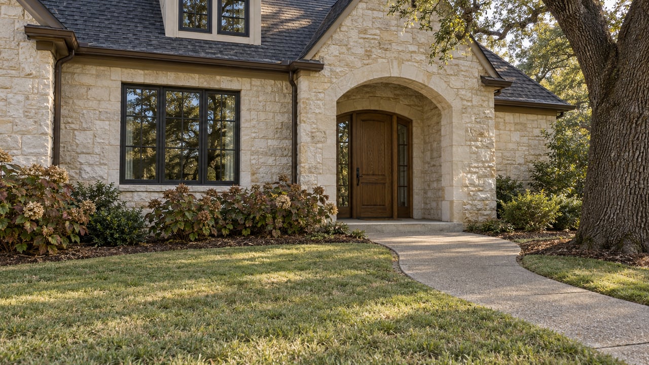 Stone home with a sheltered arched oak doorway, curved concrete approach, broad lawn and mature spreading oak.
