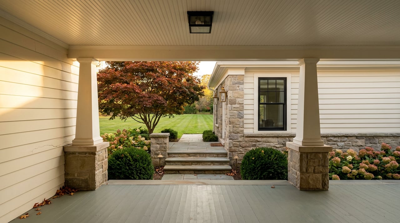 Covered porch with white columns and stone piers, looking across entry steps and lawn toward a red-orange Japanese maple.