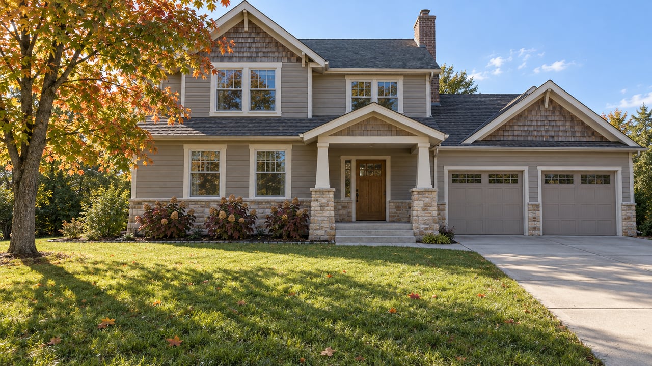 A gray gabled home with a stone-based porch, attached garage and broad front lawn beneath a maple beginning to turn orange.