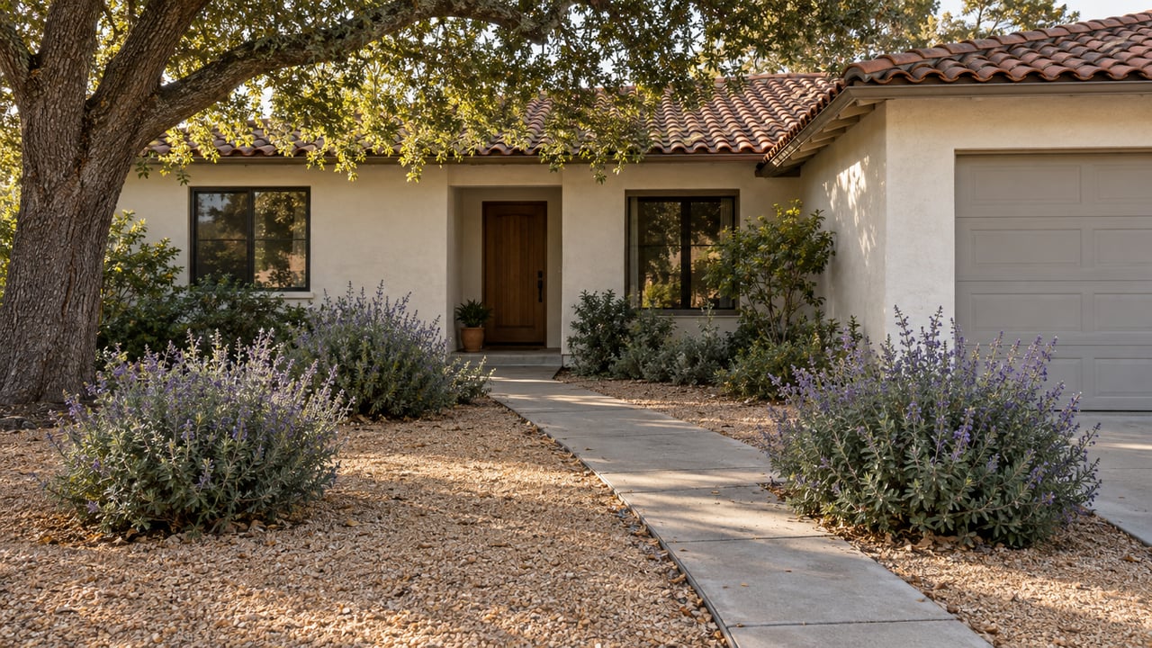 Ivory stucco house with terracotta tile roof, concrete walkway, three rounded shrubs, and a mature oak.