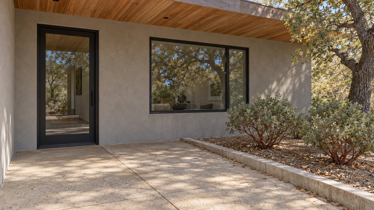 Covered entry terrace with cedar soffit, black-framed glass door, warm-gray stucco and concrete paving beside manzanita shrubs and a mature blue oak.
