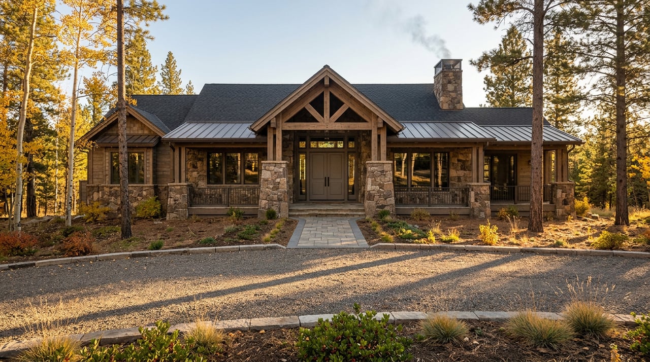 Stone-and-timber mountain lodge with a gabled entry faces a gravel court beneath autumn trees.