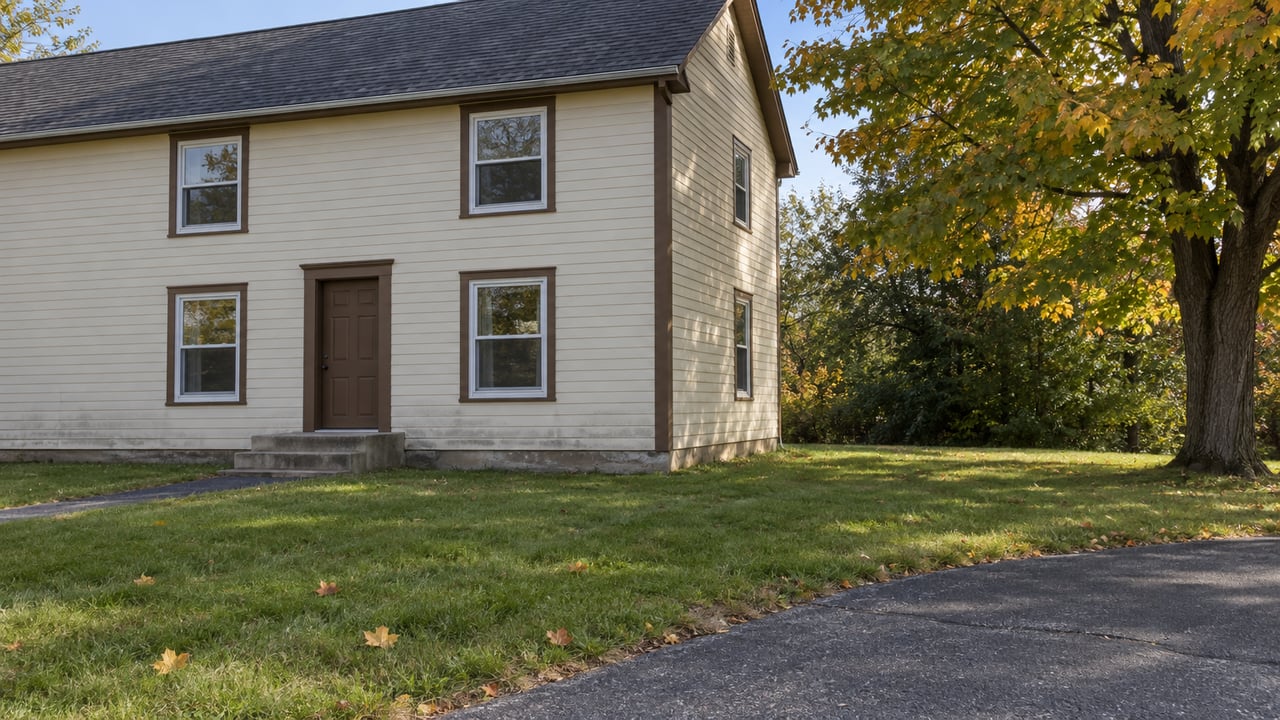 Cream clapboard house with brown trim, concrete entry steps and a deep autumn lawn beside a weathered asphalt driveway.
