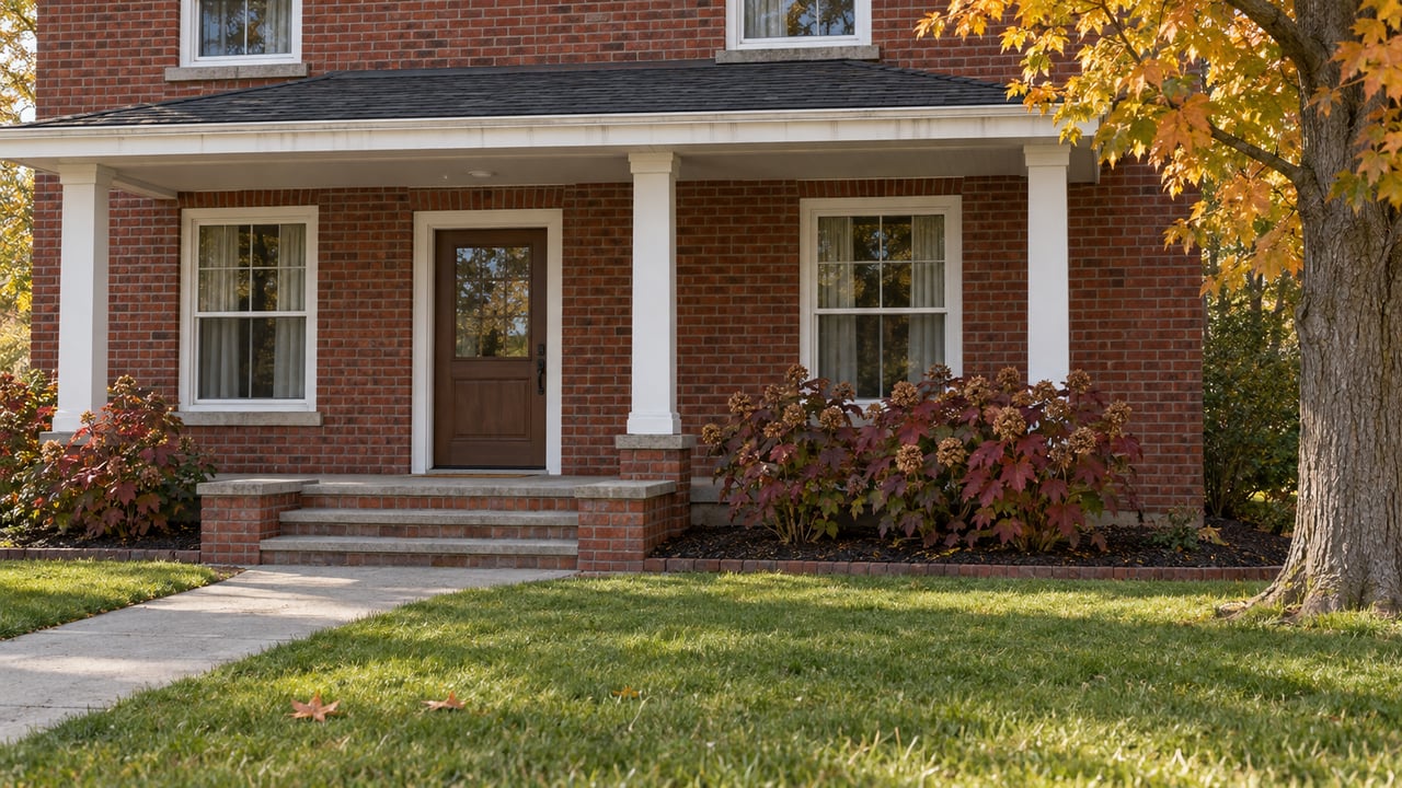 Autumn light on a red-brick home's covered entry, white trim, concrete walk and amber maple foliage.