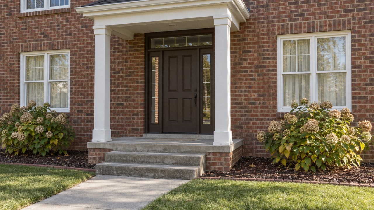 Red-brown brick home with a white-trimmed covered entry, paired windows, concrete steps and hydrangeas beginning to turn for autumn.