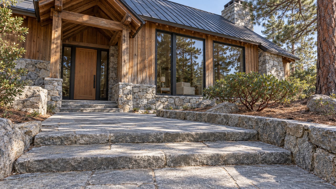 Cedar and granite hillside home with a steep charcoal roof, tall windows and a broad stone approach beside a mature pine.