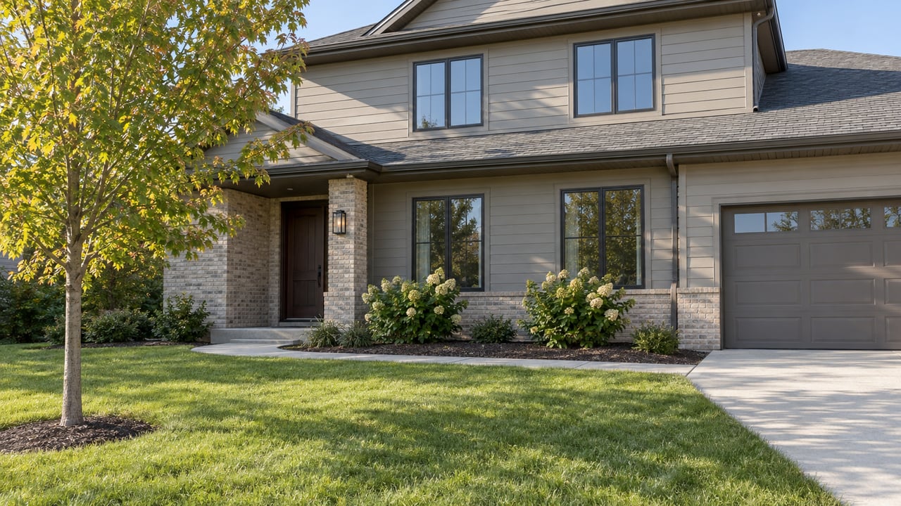 Two-story gray-sided house with a brick porch, broad front lawn, young tree, and two-car driveway.