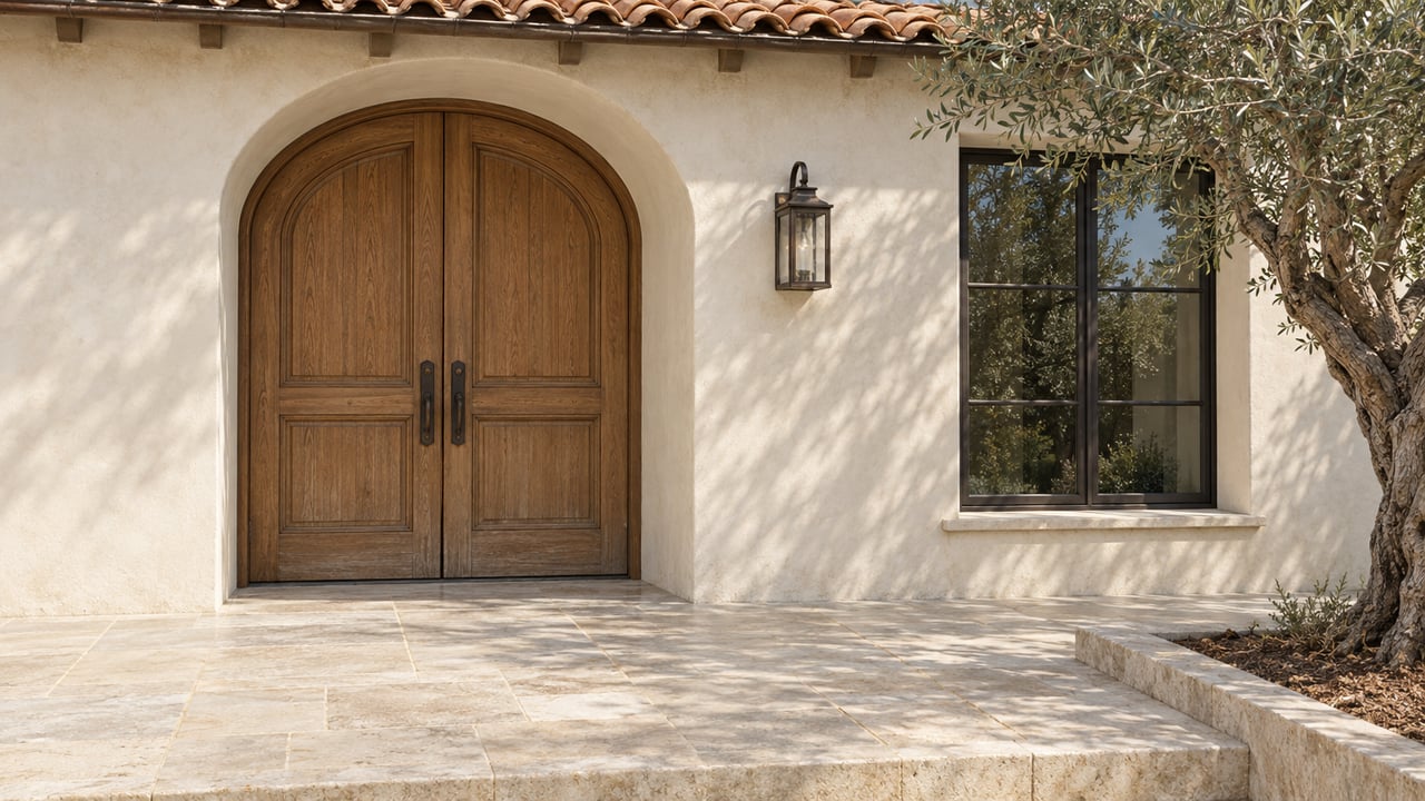 Cream stucco home with paired oak entry doors, clay roof tiles, a limestone terrace and a mature olive tree.