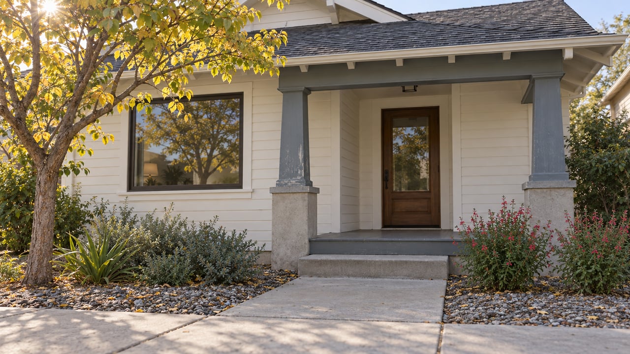 Craftsman house with a recessed glazed door, short concrete path, and pruned tree with yellowing leaves.
