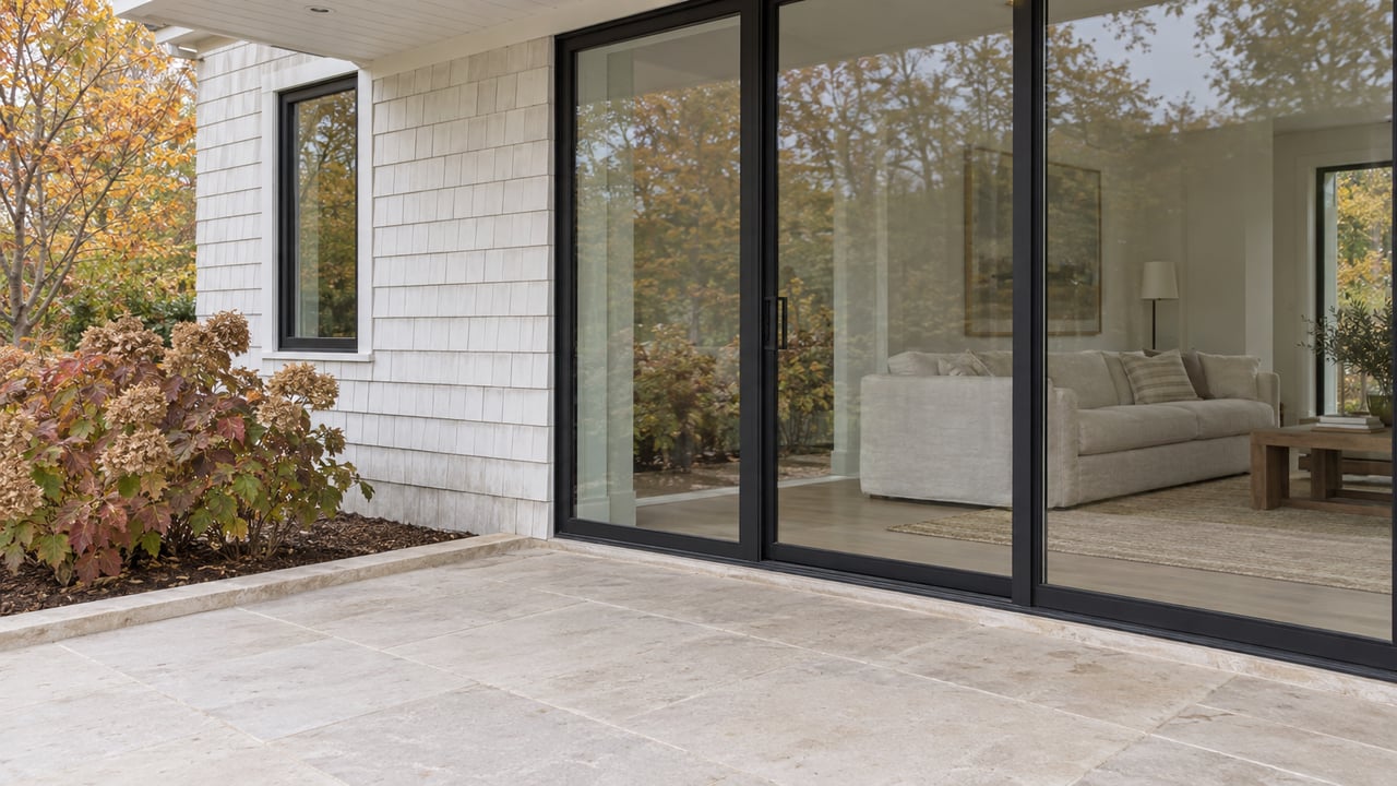 White-shingled home with black-framed glass doors, a limestone terrace and burgundy autumn hydrangeas beneath a covered eave.