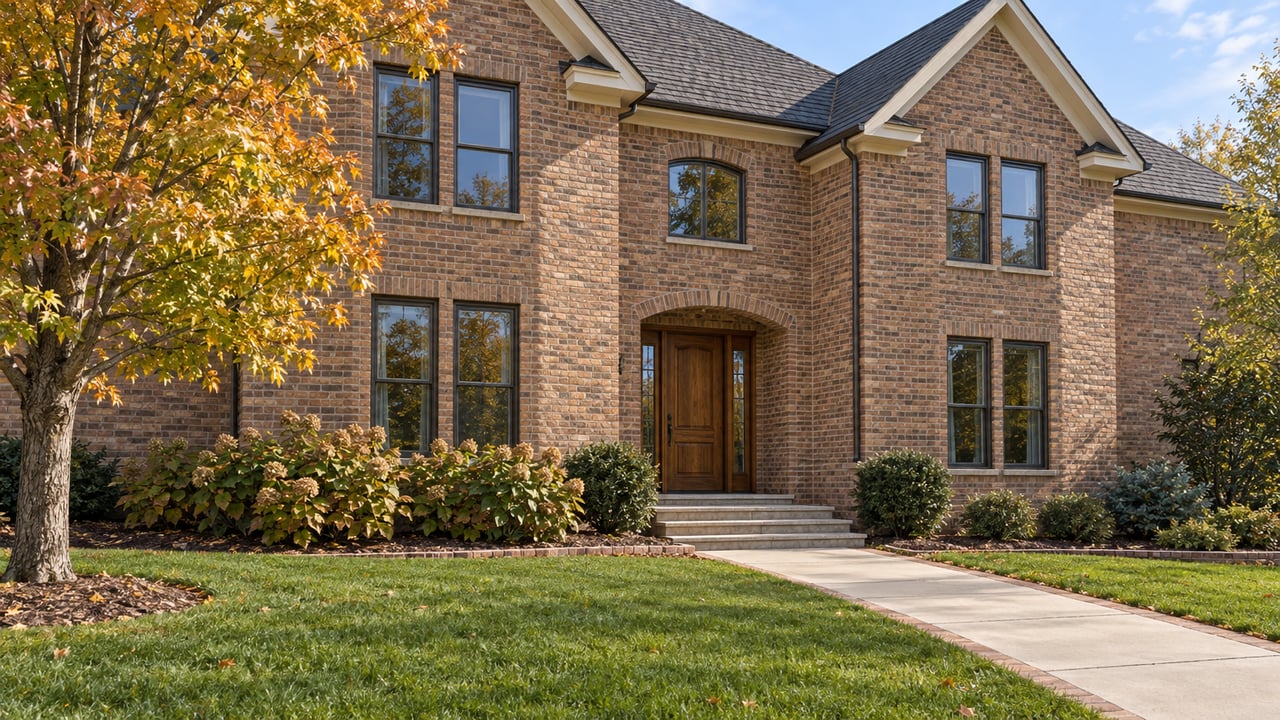 Russet brick home with steep gables, bronze-framed windows, a deep front lawn and an amber-leaved maple beside the entry walk.