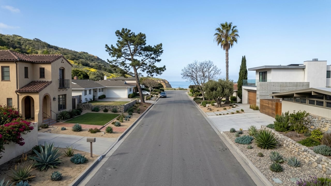 Residential street with Spanish-style and modern homes, landscaped yards, and an ocean glimpse.