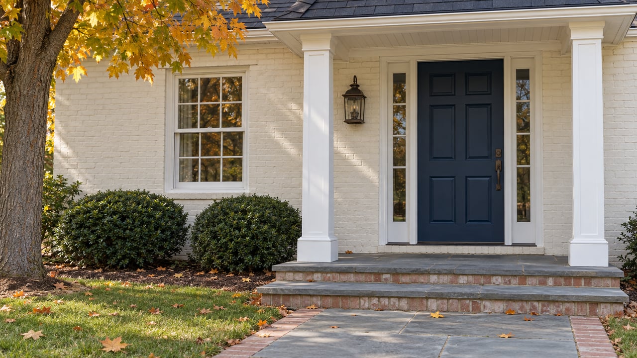 Cream brick house entrance with a navy paneled door, white columns, bluestone steps, and yellow-orange maple leaves.
