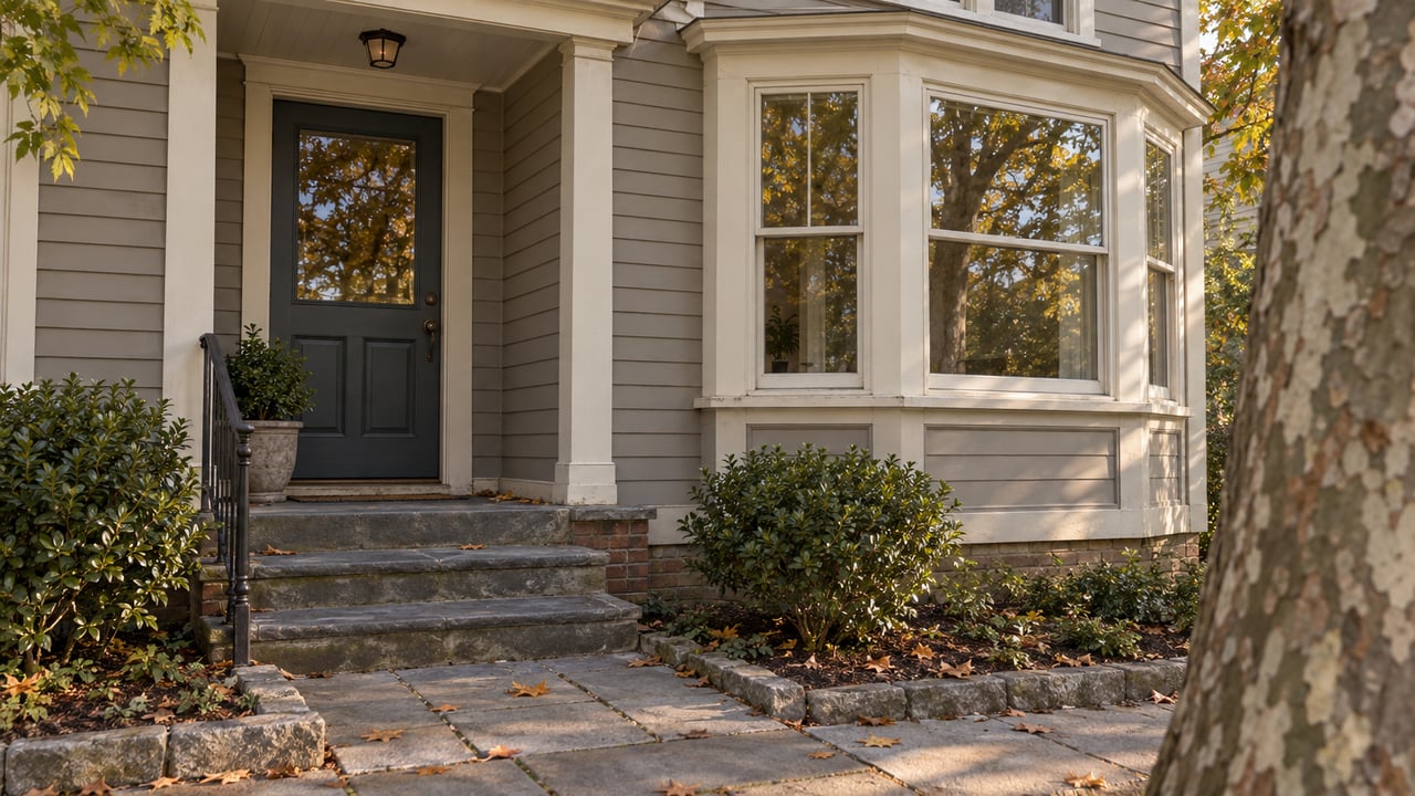 Compact two-story home entrance with a blue paneled door, projecting bay window, stone steps, and street tree.