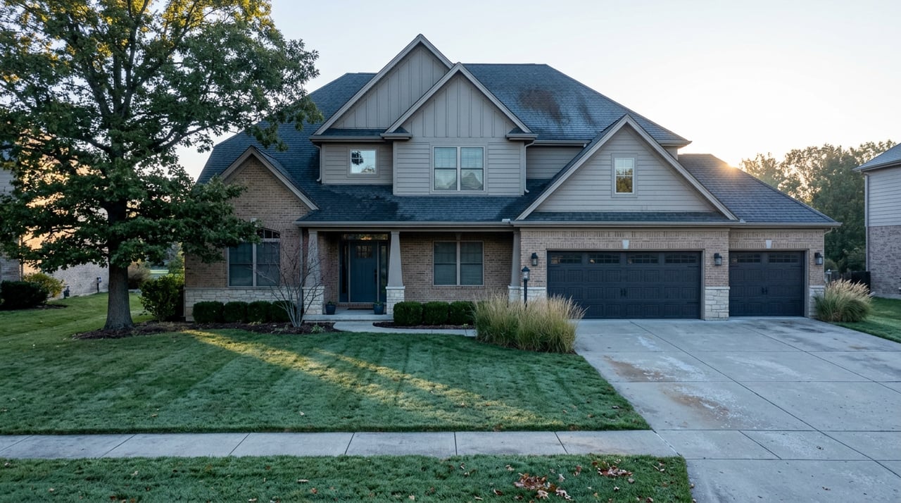 Two-story home with tan brick, covered entry, three-car garage, oak tree, and dew-bright front lawn.