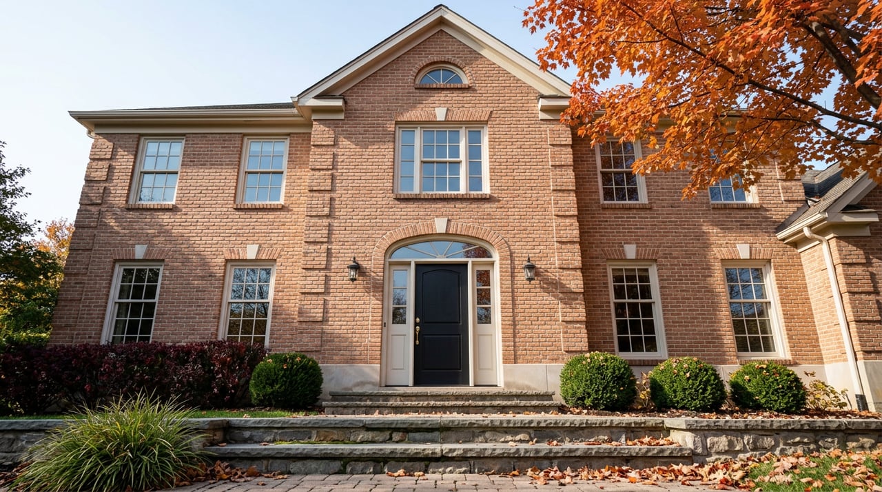 Two-story brick home with an arched black entry, stone steps, burgundy shrubs, and an orange-red maple canopy.