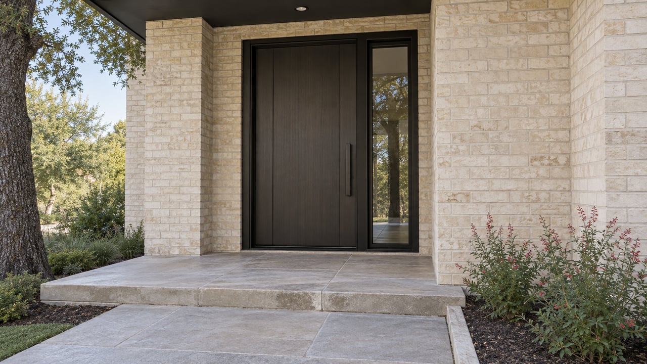 Cream-brick house entry with a dark bronze door, glazed sidelight, and limestone steps.