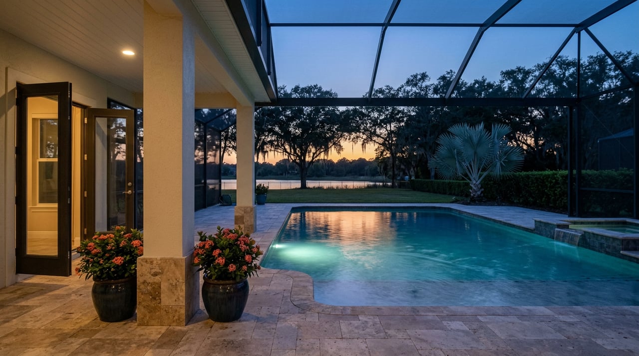 Lanai view of a turquoise-lit pool reflecting an amber dusk horizon, with a glass door and stucco pier at left.