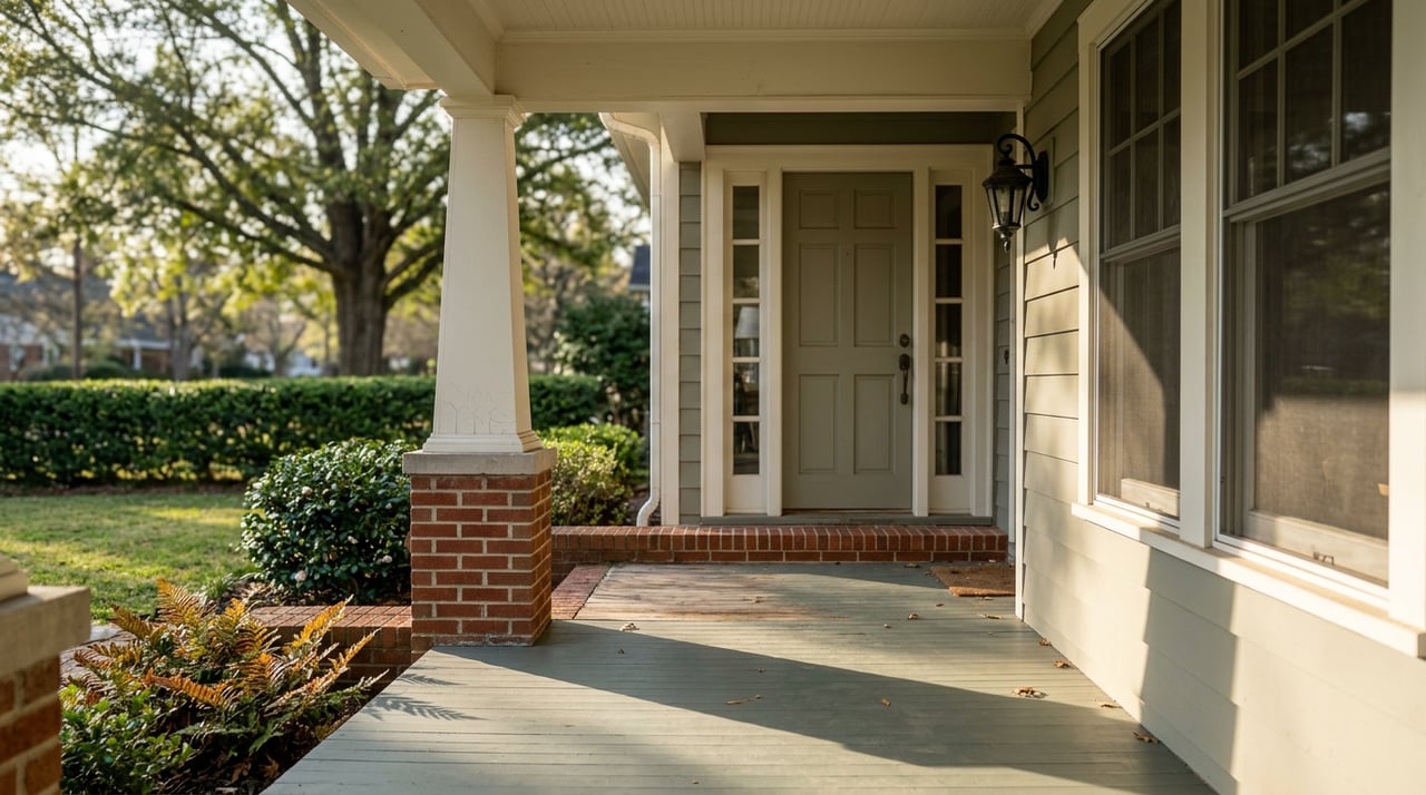 White porch column on a brick pier beside a painted entry door with multi-light sidelights.