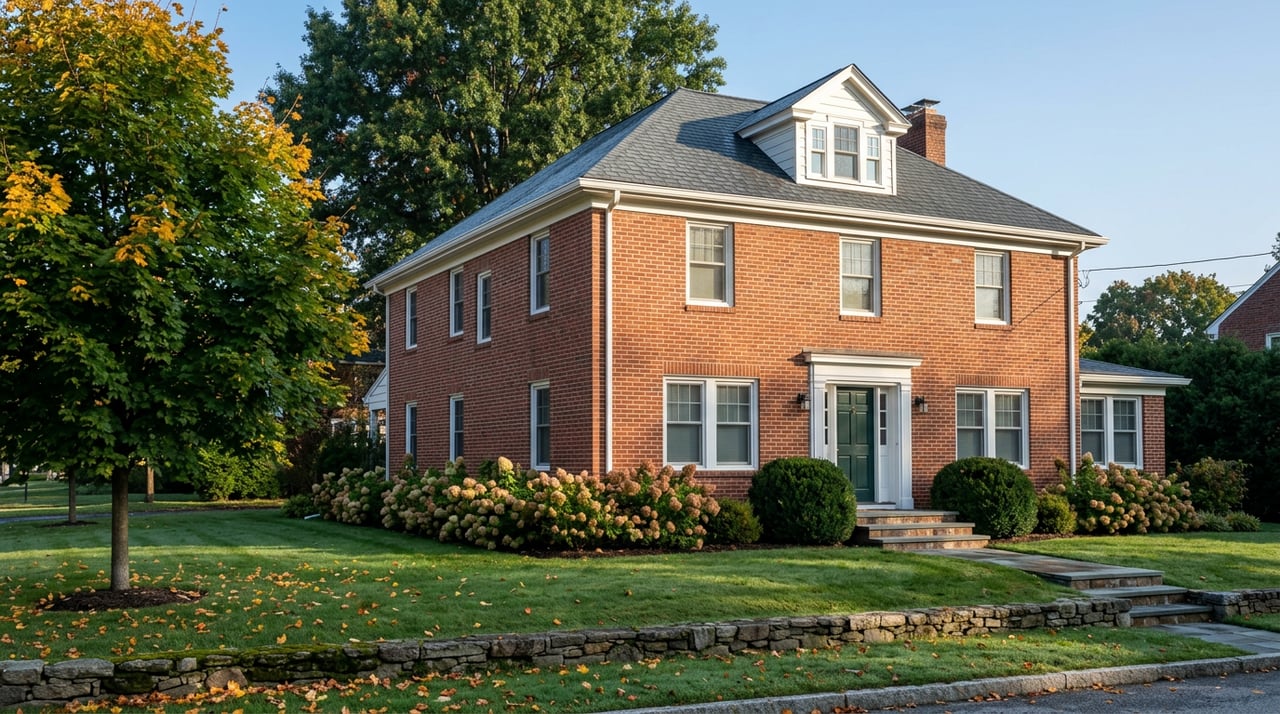 Red-brick colonial house with white trim beside a sugar maple turning gold amid green foliage.