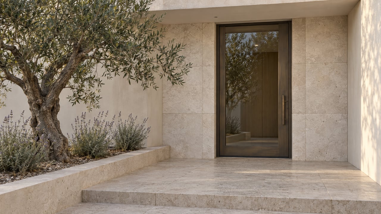 Cream stucco and pale limestone surround a bronze-framed glass entry beside a sculptural olive tree and an edged planting bed.