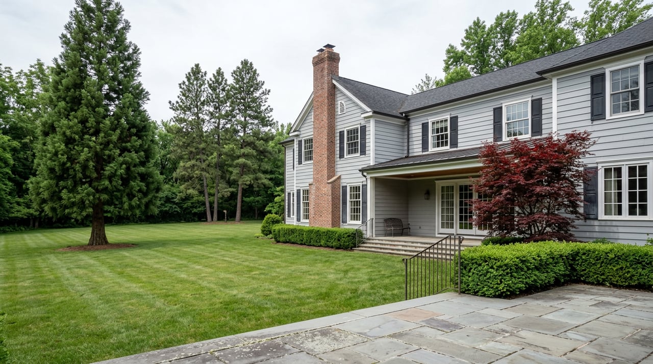 Two-story clapboard home with black shutters and brick chimney overlooks a bluestone terrace and lawn.