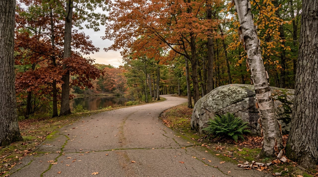 A leaf-strewn paved road curves past a lichen-crusted granite boulder beneath orange-red trees, with a pond glimpsed through trunks.