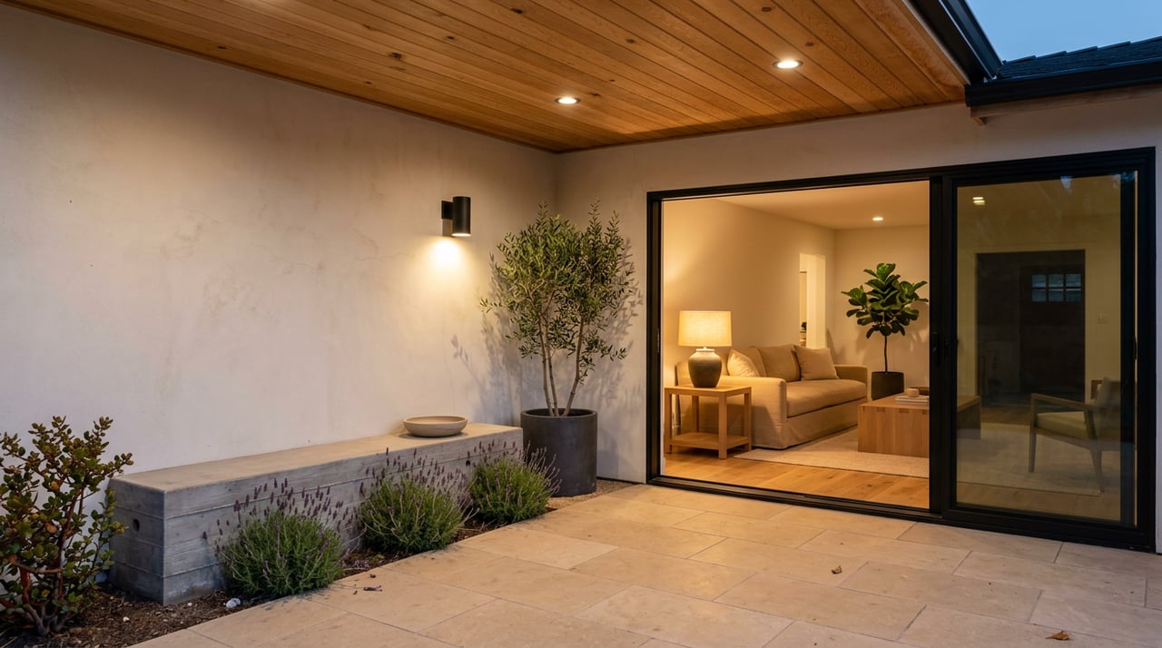 Covered patio with black-framed sliders, warm living room, lit wall sconce, and lavender beds.
