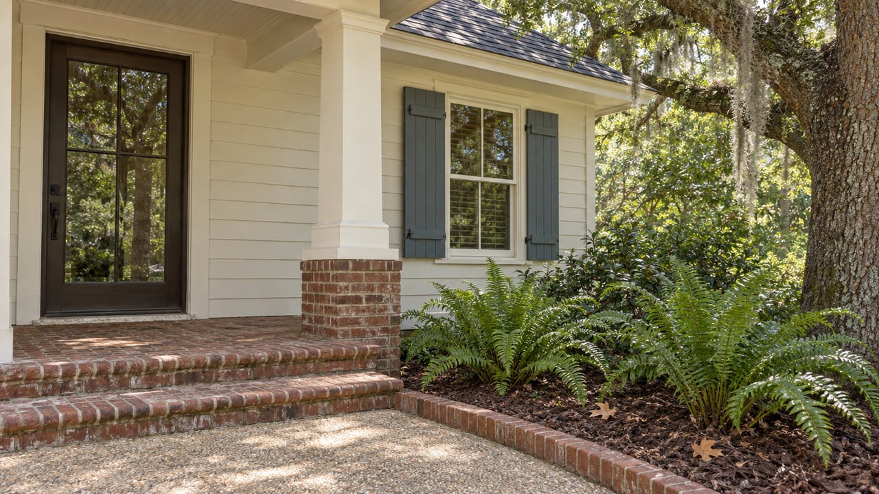Ivory-sided home with a glazed porch door, paired blue-gray shutters, weathered brick steps and ferns beneath oak branches draped with Spanish moss.