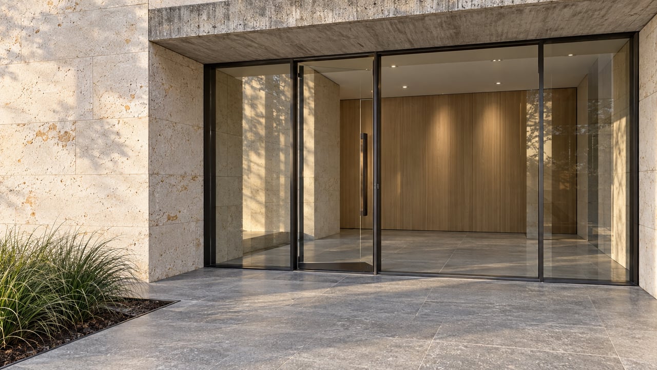 Close view of a limestone condominium entrance with a concrete canopy, bronze-handled glass door, and a small sedge planting bed.