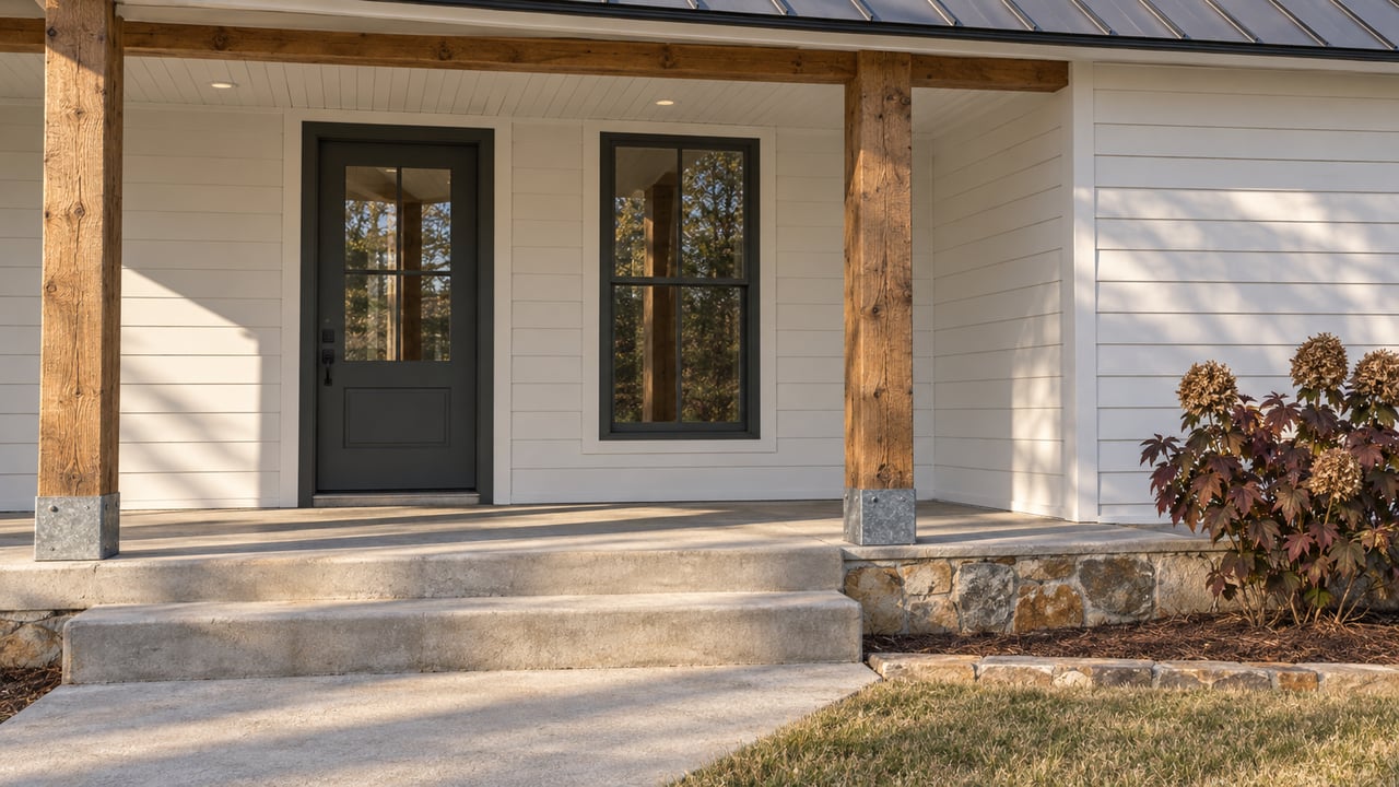 Sunlit cottage porch with timber posts, white lap siding, sandstone foundation and broad concrete steps beside autumn oakleaf hydrangea.