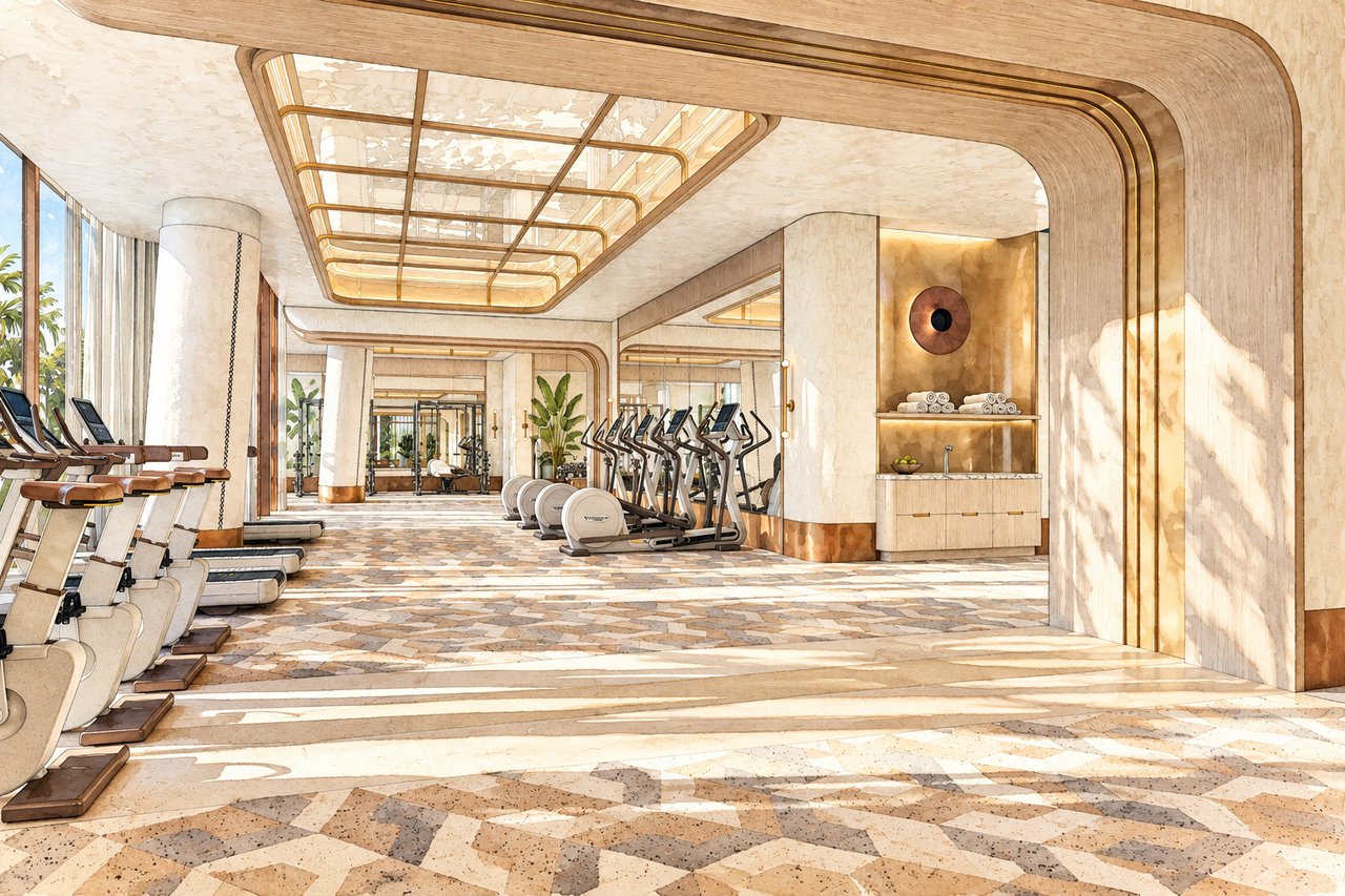 Fitness center with treadmills, exercise bikes, and marble-patterned floors beneath a gold-trimmed ceiling.