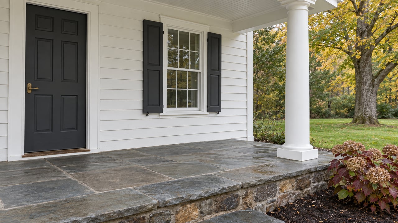 White clapboard home with a charcoal entry door, shuttered window and round porch column above a weathered bluestone floor and fieldstone step, beside autumn foliage.